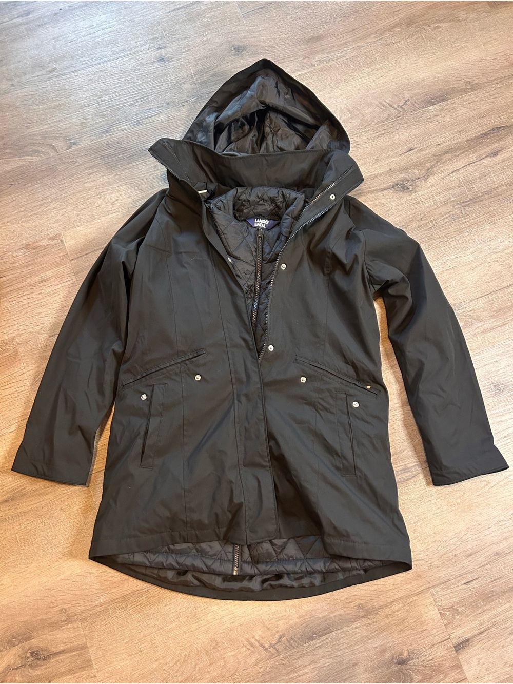 Lands’ End Womens 3-in-1 Interchange Jacket Black Hooded Quilted Liner S